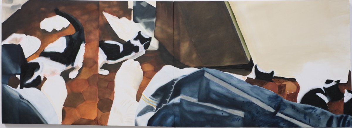 Louis(Bryan) is in the kitchen, 94x260cm, mai 2025, huile, pastels gras et crayons de couleur sur lin – hugo chagnon