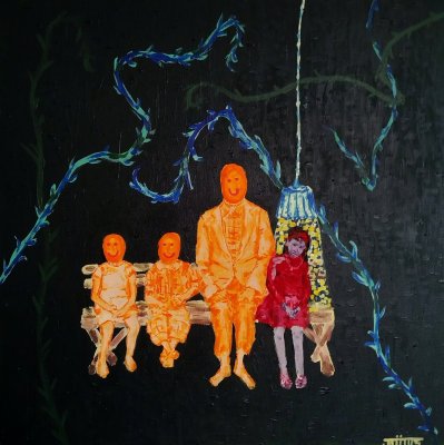 "the lamp in the middle of packed boxes in the attic by Jette Tiitus