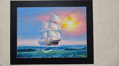 a clipper ship sailing on the ocean, with a vibrant sunset in the background. by Chaman prakash