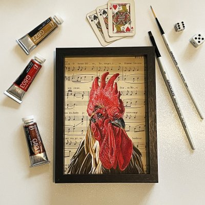 Portrait de coq à la gouache sur partition ancienne by élodie Wegeler